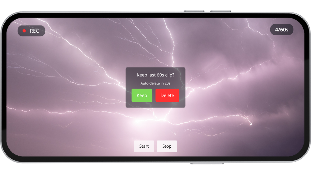 StormClip app interface showing lightning recording with timer and keep/delete options
